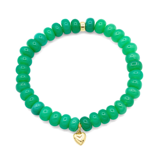 Chalcedony Bracelet Green – 8mm Gemstone • Gold Filled or Solid 14K Heart/Rondel • Stackable Stretch Bracelet