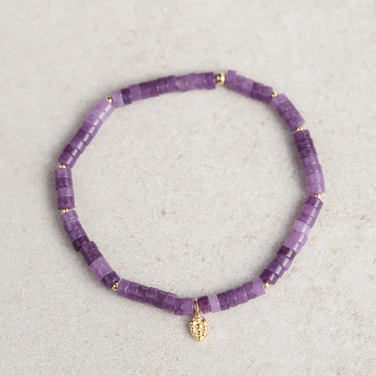 Lepidolite mosaic bracelet with colorful stone pieces and metal accents, handmade by Earthly Abundance.