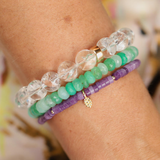 Lepidolite mosaic bracelet by Earthly Abundance featuring colorful, polished lepidolite stones woven into a stylish jewelry accessory.