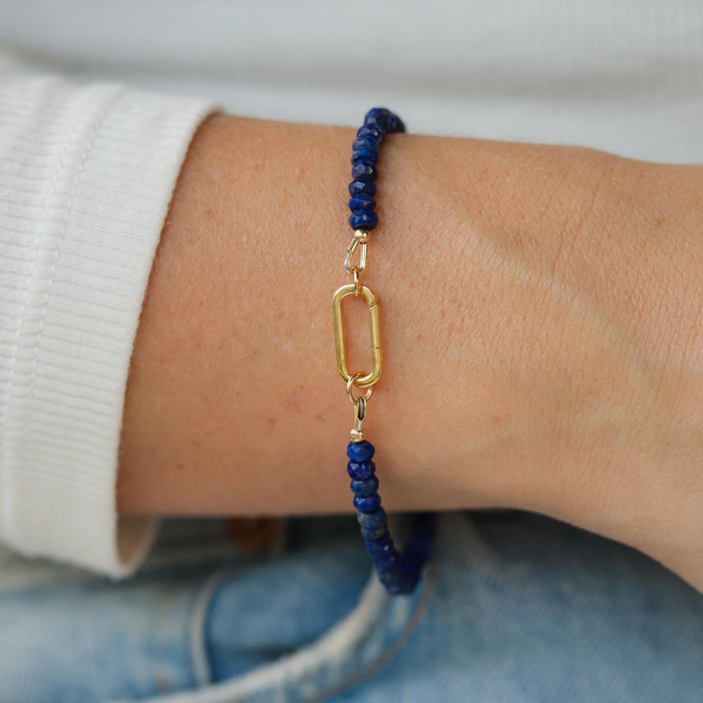 Lapis Lazuli Carabiner Bracelet • Sterling Silver, Gold Filled, or 14K Gold • Faceted Lapis Bracelet • Custom Size Jewelry Gift