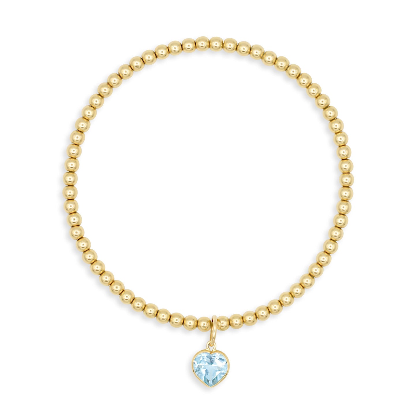 Blue Topaz Heart bracelet | Gold Filled Stretch Bracelet with Solid 14K Blue Topaz Heart Charm, 3mm Beads
