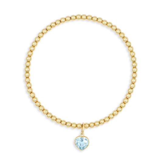 Blue Topaz Heart bracelet | Gold Filled Stretch Bracelet with Solid 14K Blue Topaz Heart Charm, 3mm Beads