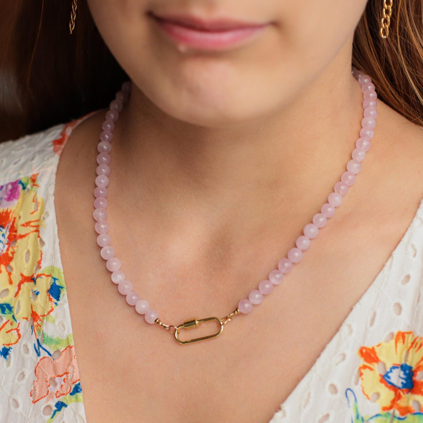 Kunzite Beaded Carabiner Necklace