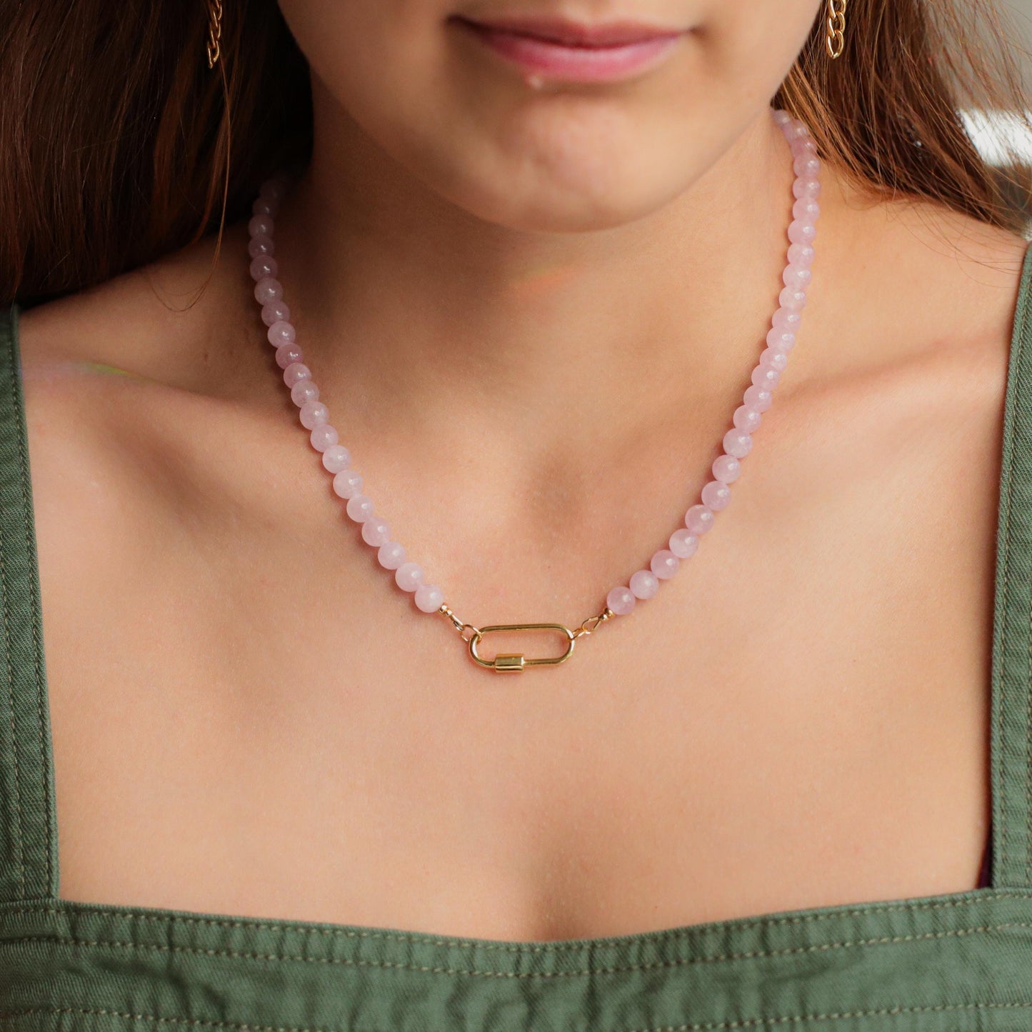 Kunzite Beaded Carabiner Necklace