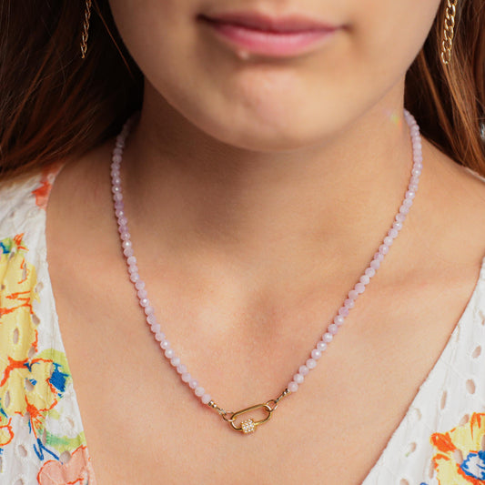 Kunzite beaded necklace | kunzite carabiner style necklace, pink kunzite jewelry, genuine faceted kunzite , pink gemstone
