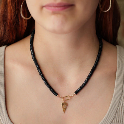 Black Spinel Necklace with Rectangle Carabiner & Evil Eye Heart
