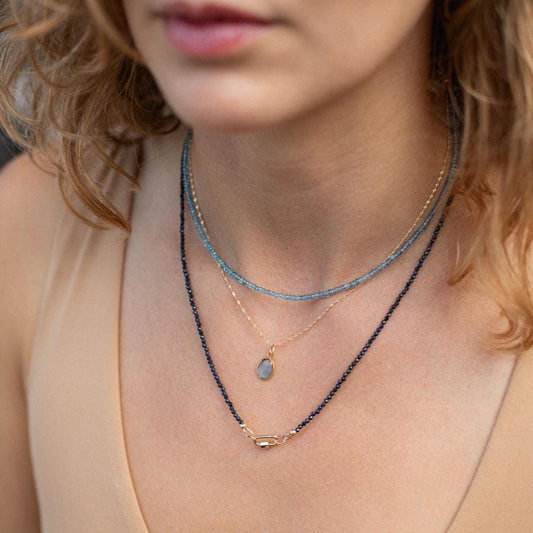 Blue Sapphire Carabiner Necklace -14K