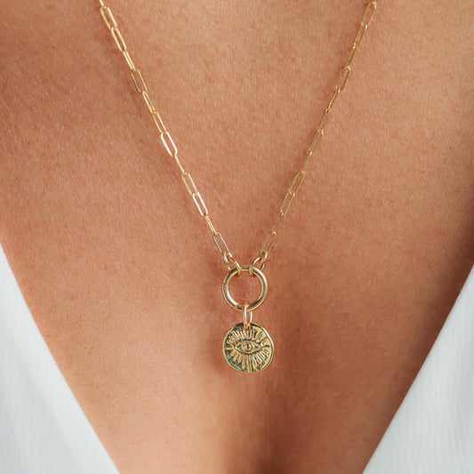 Evil Eye Necklace Set | Paperclip Chain Necklace | 10mm Push Lock Carabiner Clasp | Charm Holder Necklace | Layering Necklace