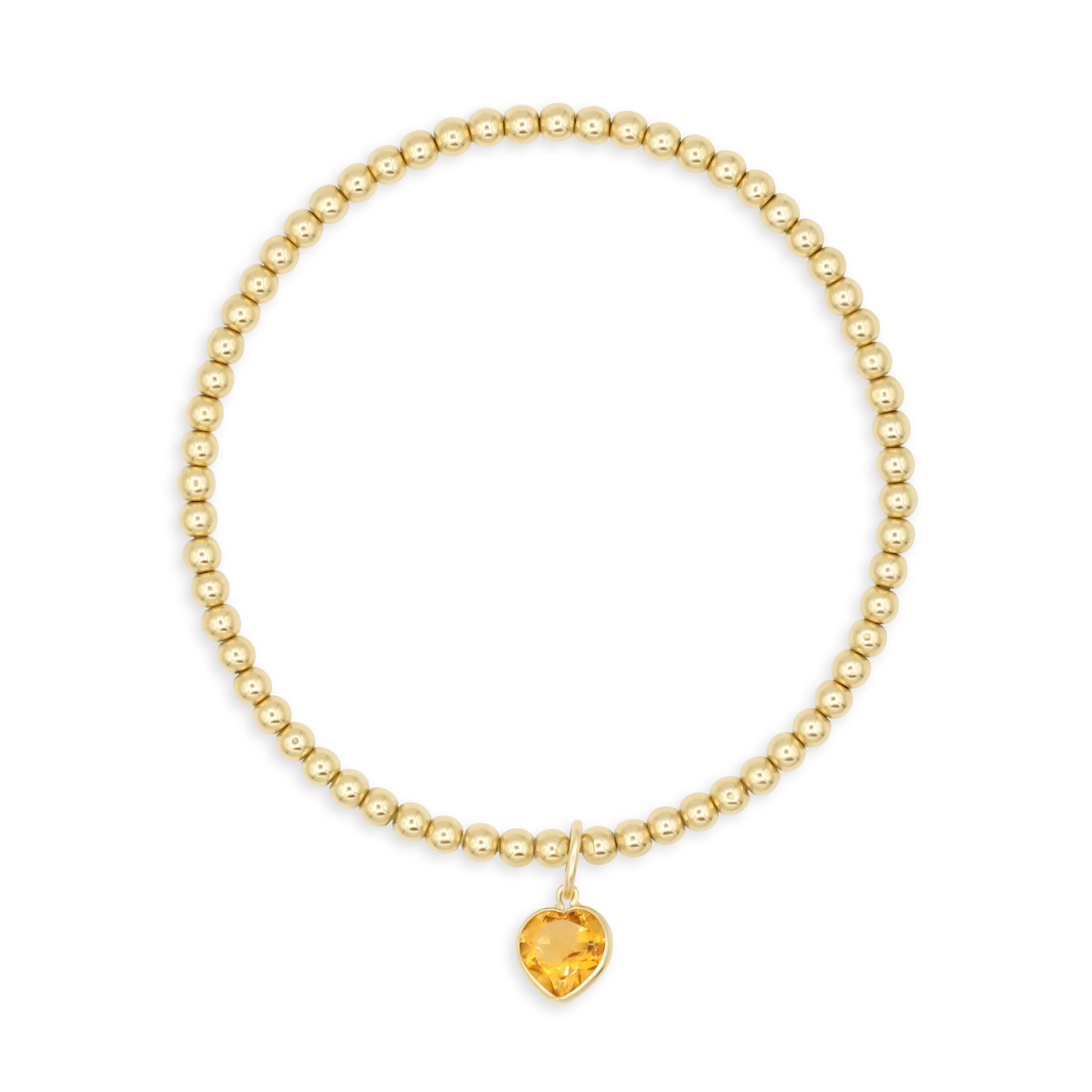 Gold Filled Stretch Bracelet with Solid 14K Citrine Heart Charm, 3mm Beads