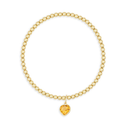 Gold Filled Stretch Bracelet with Solid 14K Citrine Heart Charm, 3mm Beads