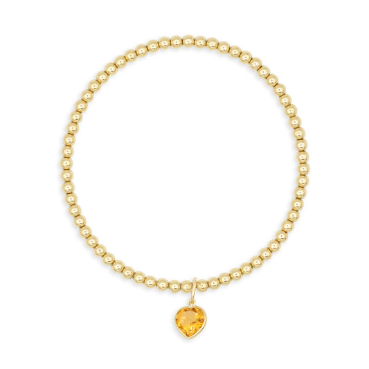 Gold Filled Stretch Bracelet with Solid 14K Citrine Heart Charm, 3mm Beads