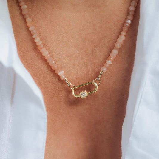 Peach Moonstone Carabiner necklace | Peach Moonstone Necklace, [ENPP1029] dainty peach moonstone , June Birthstone Jewelry, boho gemstone