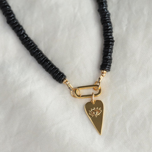 Black Spinel Necklace with Rectangle Carabiner & Evil Eye Heart