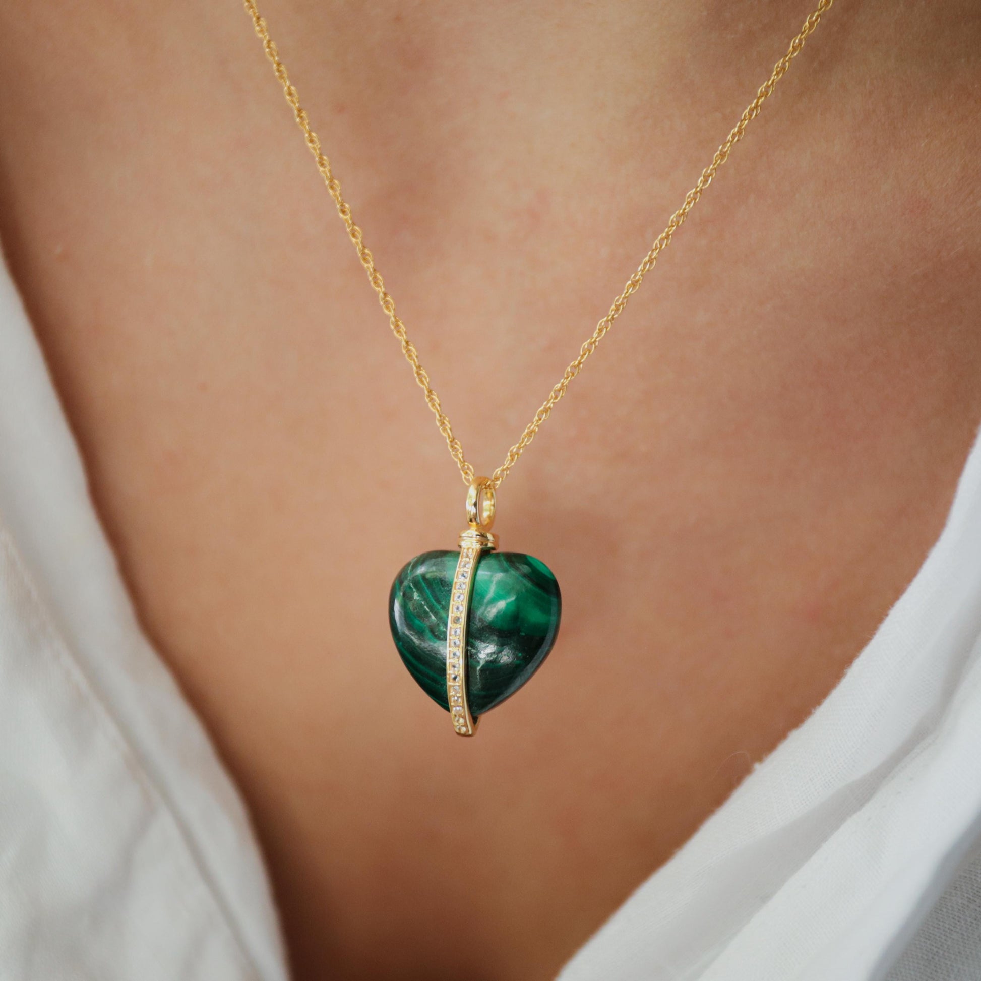 Malachite Necklace, Rope Chain, White Topaz Accent, Gold Vermeil Pendant