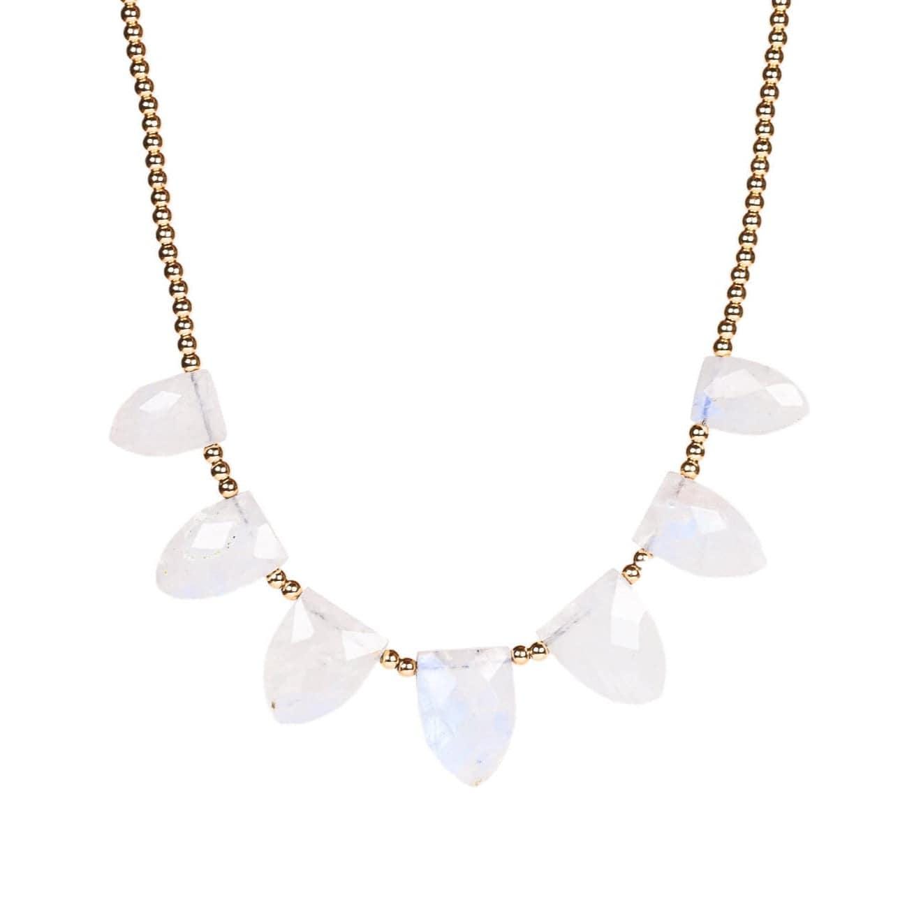 Seven moonstone drop necklace by Earthly Abundance Jewelry featuring a delicate chain and seven moonstone pendants.