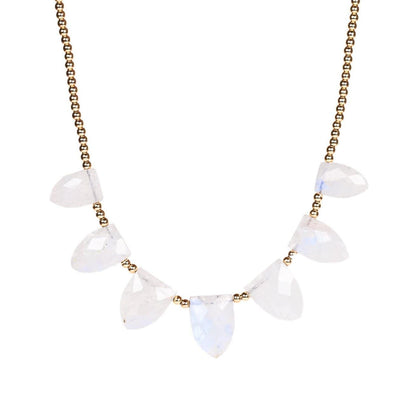 Seven moonstone drop necklace by Earthly Abundance Jewelry featuring a delicate chain and seven moonstone pendants.