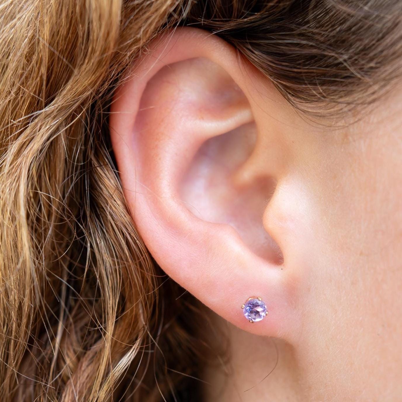 Solid 14K Gold Amethyst Stud Earrings, Brazilian Amethyst 4mm, Tiny Purple Gemstone Studs, Minimalist