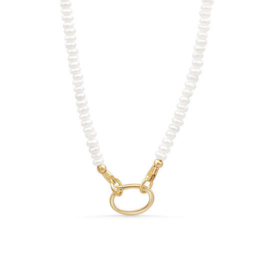 Freshwater pearl necklace with 14K gold carabiner clasp, featuring lustrous pearls and elegant jewelry design