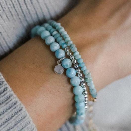 Larimar Bracelet | Dainty Larimar Beaded Bracelet [EBLP1344] | Gift for her | Dominican Larimar Jewelry | Beaded Larimar Bracelet | Larimar