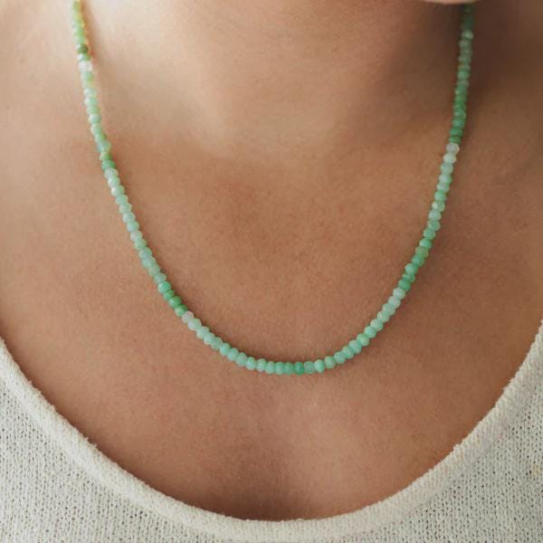 Heart-shaped Chrysoprase pendant necklace with silver chain from Earthly Abundance, showcasing vibrant green gemstone and elegant design.