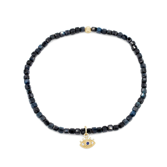 Blue Sapphire Cube Bracelet with Diamond Evil Eye, 14K Gold Evil Eye Bracelet, Natural Sapphire Bracelet, Protection Bracelet, September