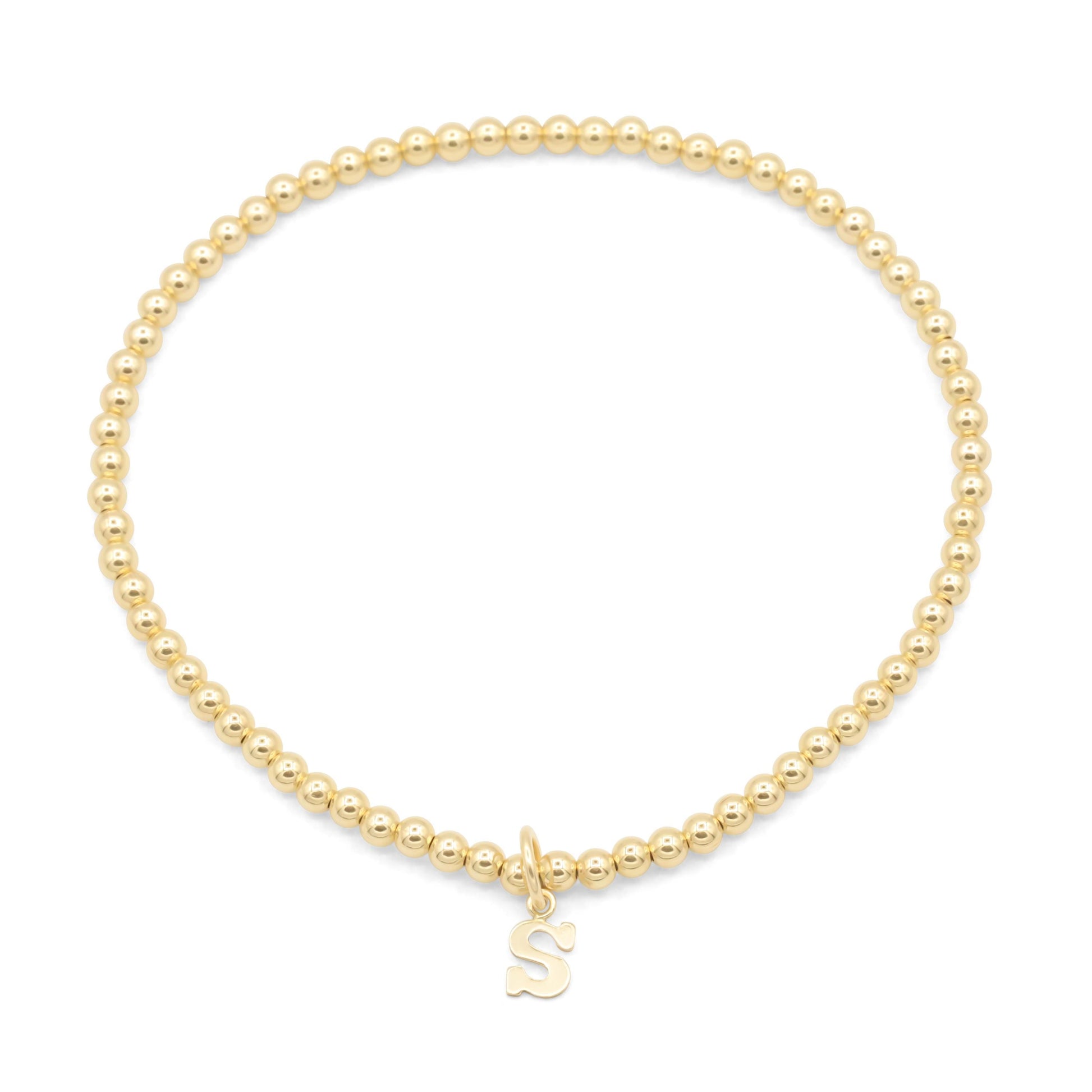 Gold Filled Initial Bracelet 3mm – Personalized Letter Bracelet, Dainty Stretch Bracelet, Custom Name Charm, Minimalist Jewelry