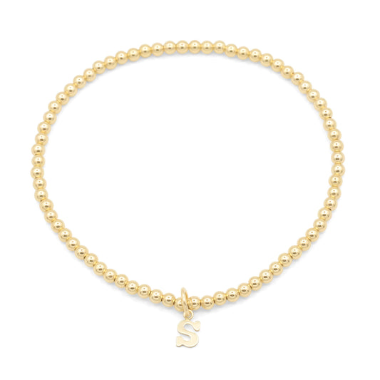 Gold Filled Initial Bracelet 3mm – Personalized Letter Bracelet, Dainty Stretch Bracelet, Custom Name Charm, Minimalist Jewelry