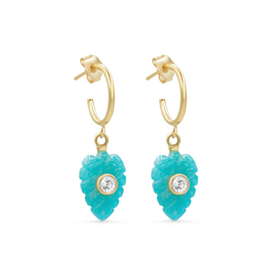 Amazonite Carved Drop Hoop Earrings, Gold Filled Hoops, Dainty Blue Green Gemstone Earrings, White Topaz Accent, Unique Statement Jewelry