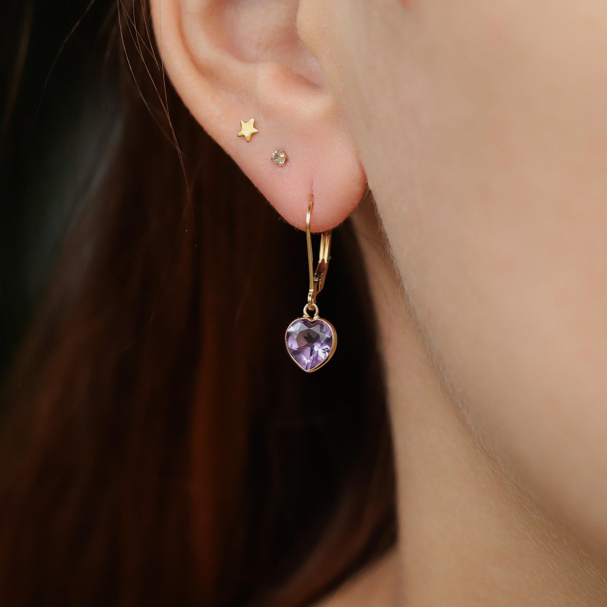 14K GOLD African Amethyst Heart Earrings – Genuine Amethyst, Solid 14K Gold Lever Backs, Purple Gemstone Earrings, February Birthstone