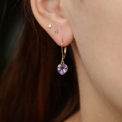 14K GOLD African Amethyst Heart Earrings – Genuine Amethyst, Solid 14K Gold Lever Backs, Purple Gemstone Earrings, February Birthstone