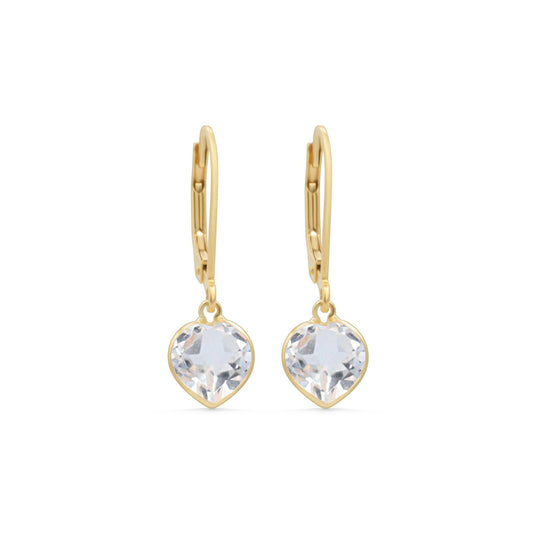 White Topaz Heart Earrings – Genuine White Topaz, Solid 14K Gold Lever Backs, Clear Gemstone Earrings, April Birthstone Jewelry