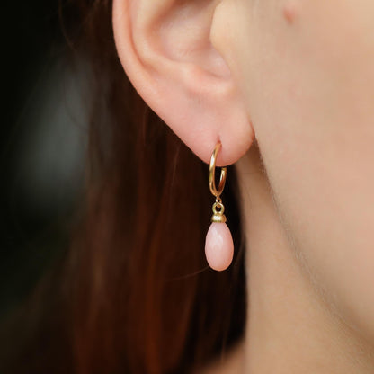 Pink Opal Hoop Earrings – Genuine Pink Opal Drops, Gold Filled Hoops, Vermeil Accents, Dainty Gemstone Earrings, Soft Pink Jewelry