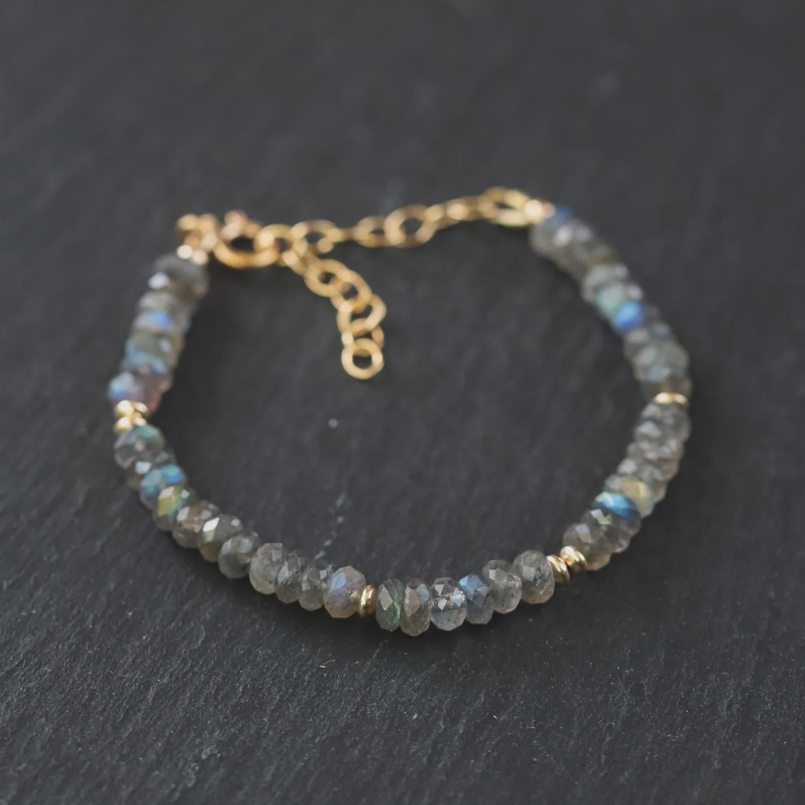 Labradorite Bracelet 4.5mm Faceted Rondelle, Adjustable 6-8", Genuine Labradorite Jewelry, Gold Filled Clasp, Handmade in Canada