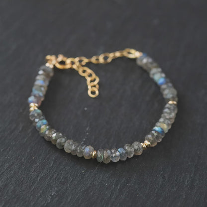 Labradorite Bracelet 4.5mm Faceted Rondelle, Adjustable 6-8", Genuine Labradorite Jewelry, Gold Filled Clasp, Handmade in Canada