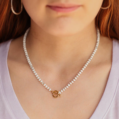 Howlite Necklace 4mm, White Gemstone Necklace, Calming Crystal Jewelry, 14K Gold Filled Toggle Necklace, Minimal Layering Necklace