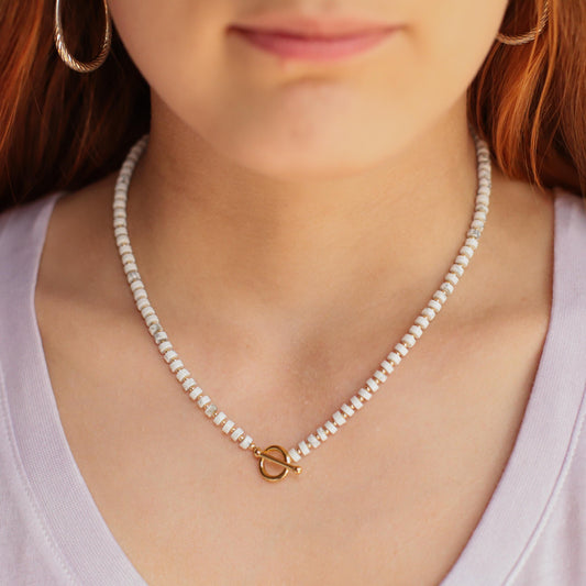 Howlite Necklace 4mm, White Gemstone Necklace, Calming Crystal Jewelry, 14K Gold Filled Toggle Necklace, Minimal Layering Necklace
