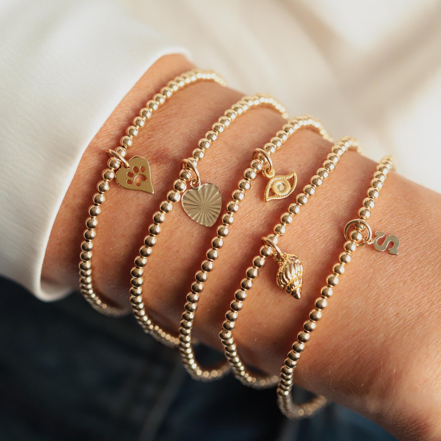 14K Gold Filled Heart Bracelet – 3mm Beaded Stretch, Minimalist Love Charm, Everyday Jewelry