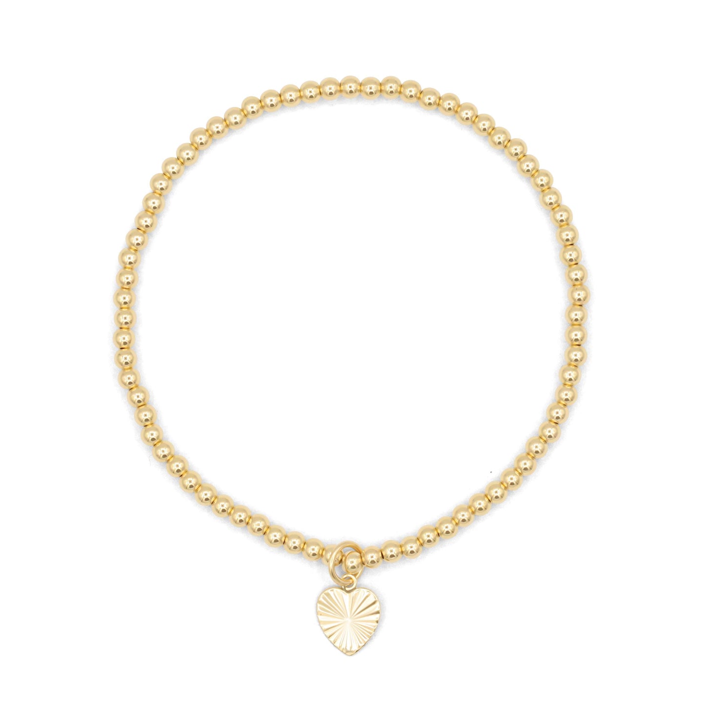 14K Gold Filled Heart Bracelet – 3mm Beaded Stretch, Minimalist Love Charm, Everyday Jewelry