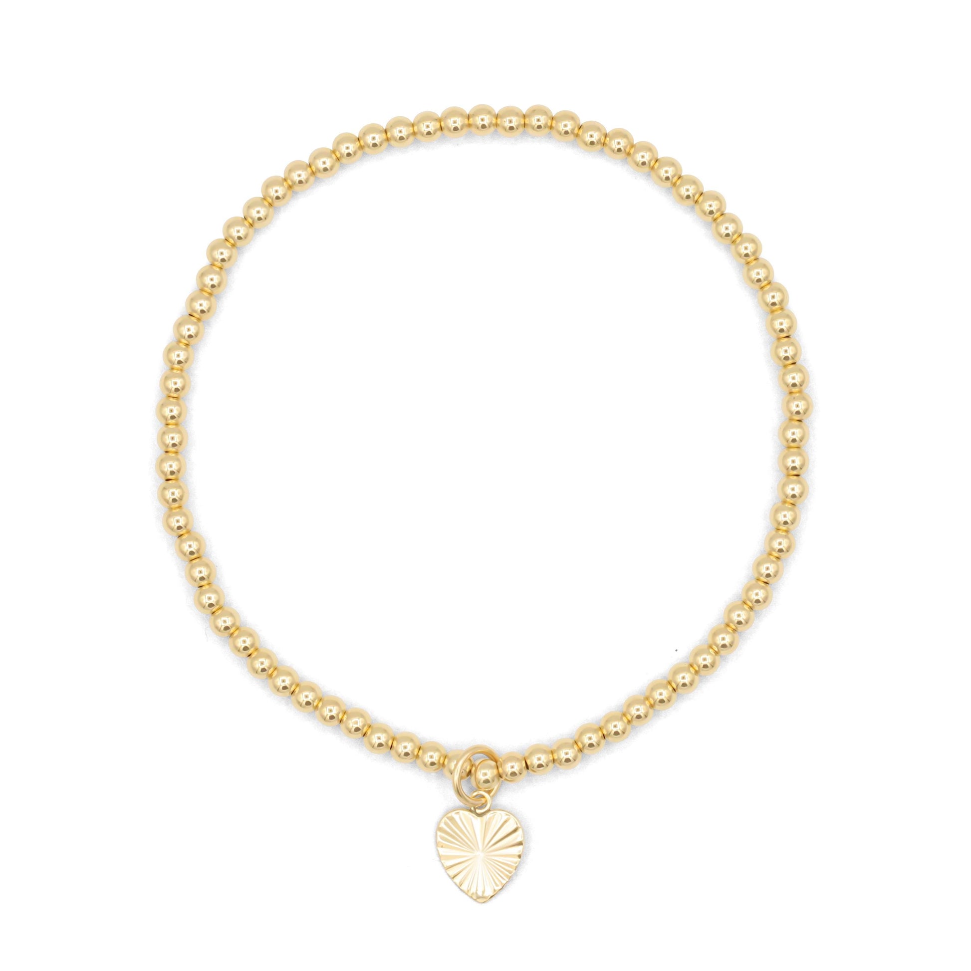 14K Gold Filled Heart Bracelet – 3mm Beaded Stretch, Minimalist Love Charm, Everyday Jewelry