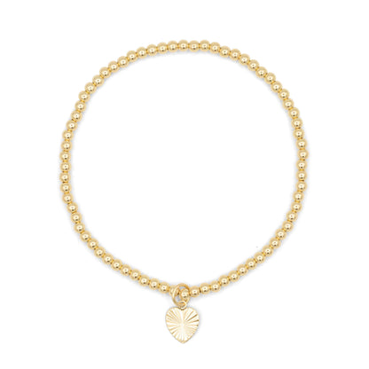 14K Gold Filled Heart Bracelet – 3mm Beaded Stretch, Minimalist Love Charm, Everyday Jewelry