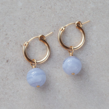 Blue Lace Agate hoop earrings with 14K gold-filled hoops, featuring polished blue gemstone beads and delicate gold accents.