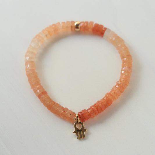 Hamsa Hand Peach Moonstone Bracelet – Faceted Heishi Beads, Soft Ombré Pink Apricot Tones, Gold Filled Accent