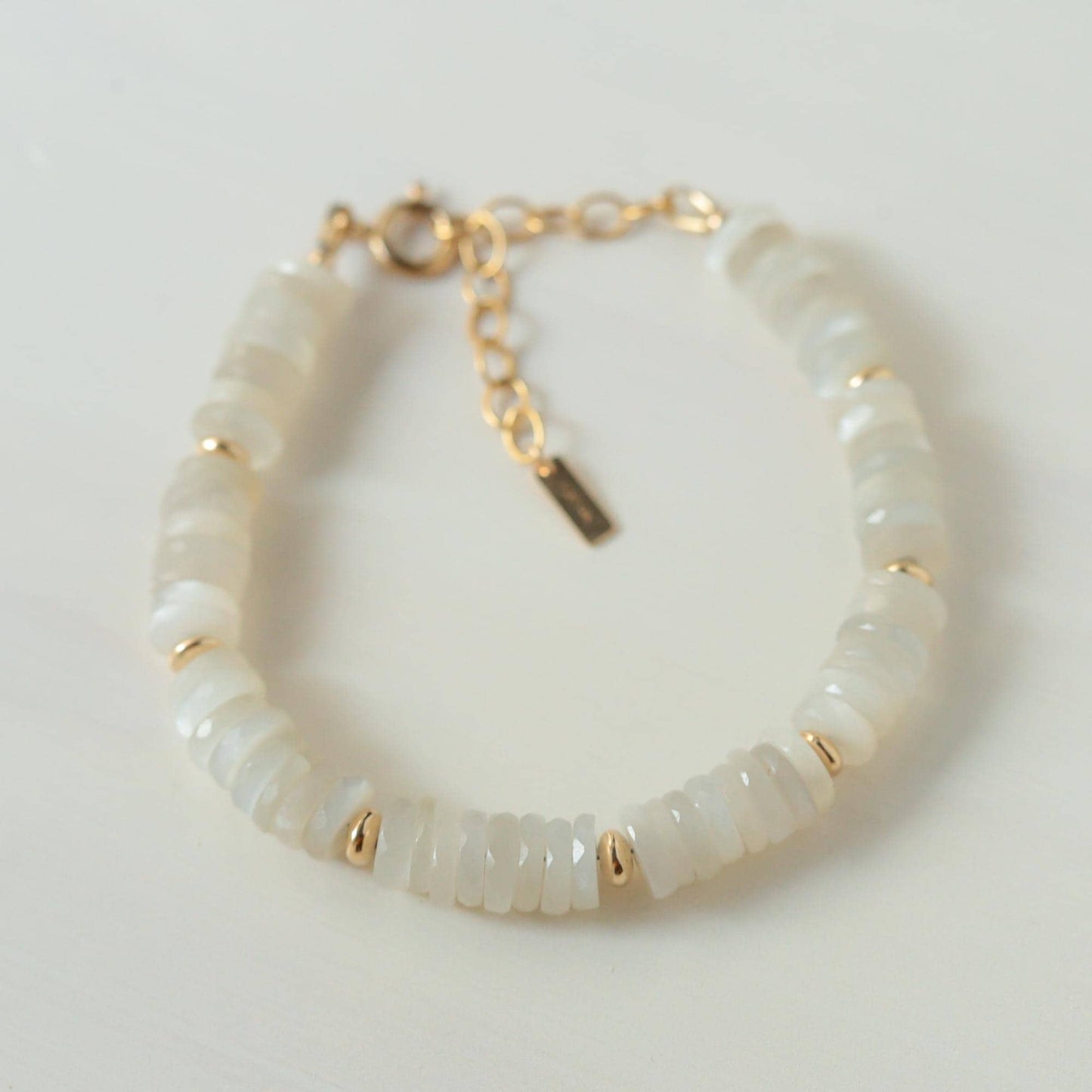 Creamy Moonstone Bracelet – 6.5mm Heishi, Dreamy Glow, Gold Filled Accents, 6.5–8" Adjustable