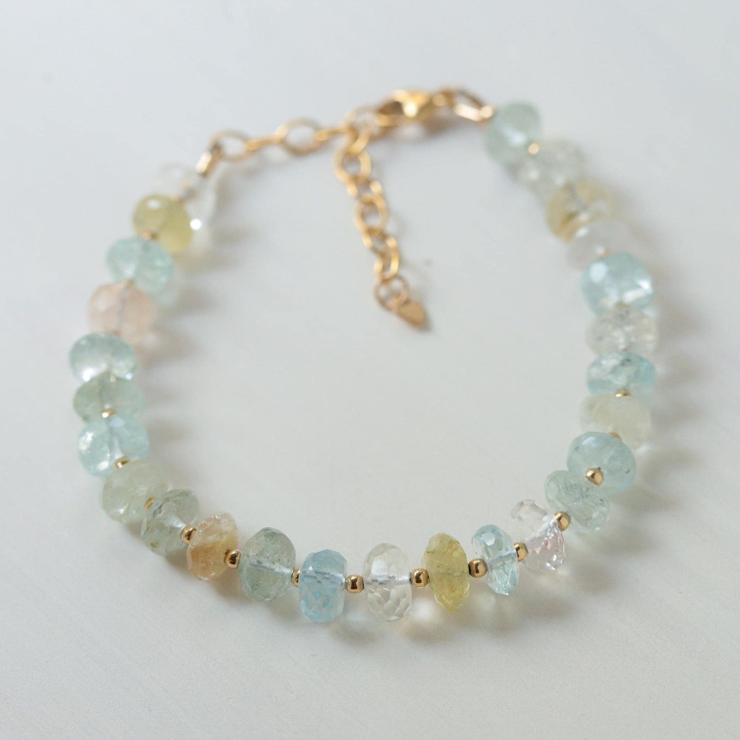 Morganite & Beryl Bracelet – Pastel Pink Blue Yellow Gemstones, Gold Filled, Adjustable 6.5–8" with Heart Charm
