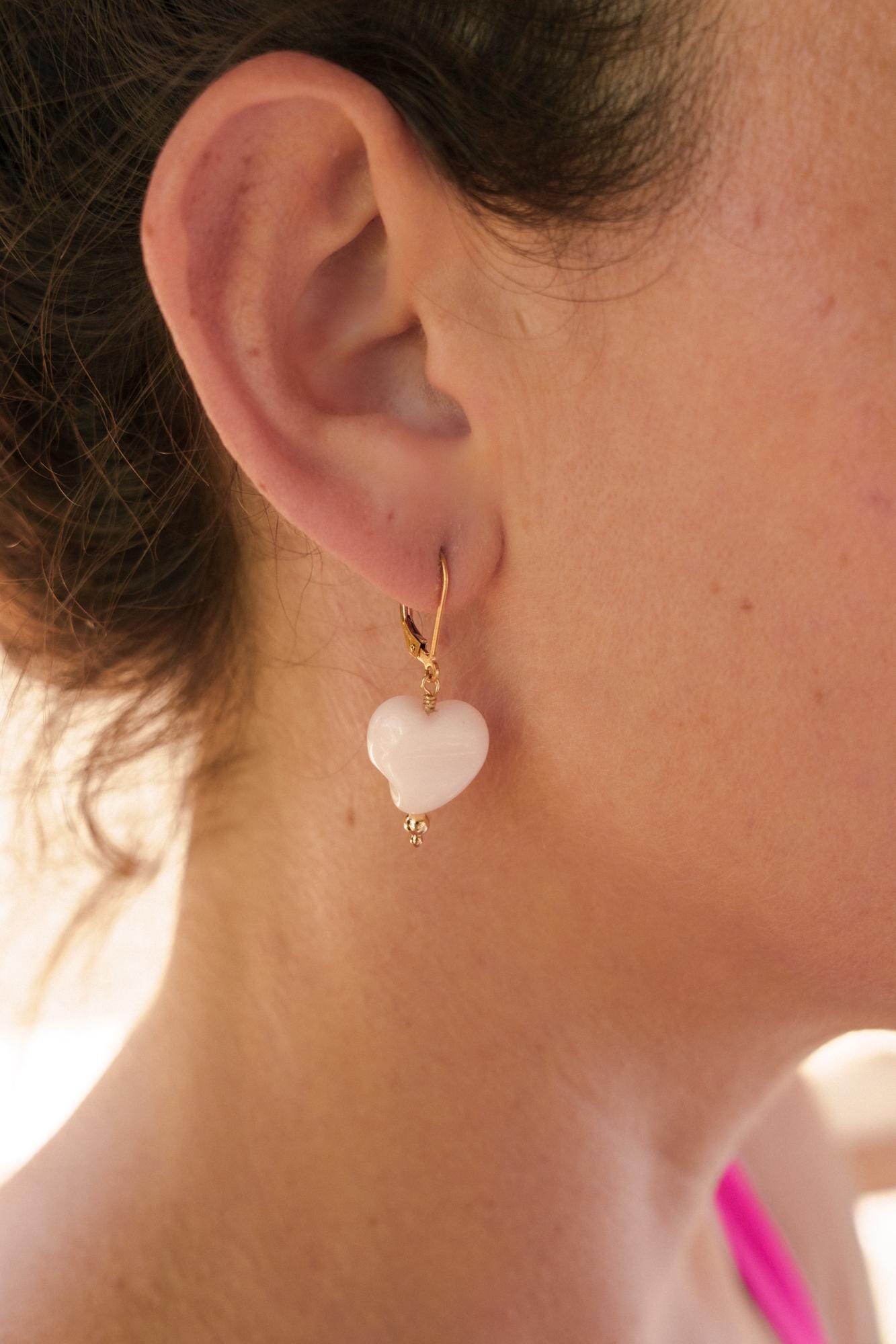 Mangano Calcite Heart Earrings – Pink Gemstone Earrings, Gold Filled Leverback, Dainty Drop Earrings