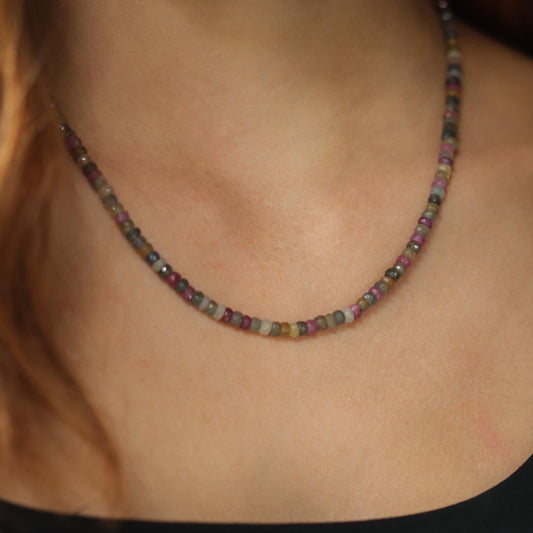 Multi Sapphire Necklace – Earthy Gemstone Necklace, Matte Muted Tones, Dainty Gold Filled Beaded Necklace, Subtle Shimmer Jewelry