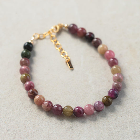 Mixed Tourmaline Bracelet Gold Filled, Pink Green Tourmaline Bracelet 6mm, Adjustable Gemstone Bracelet