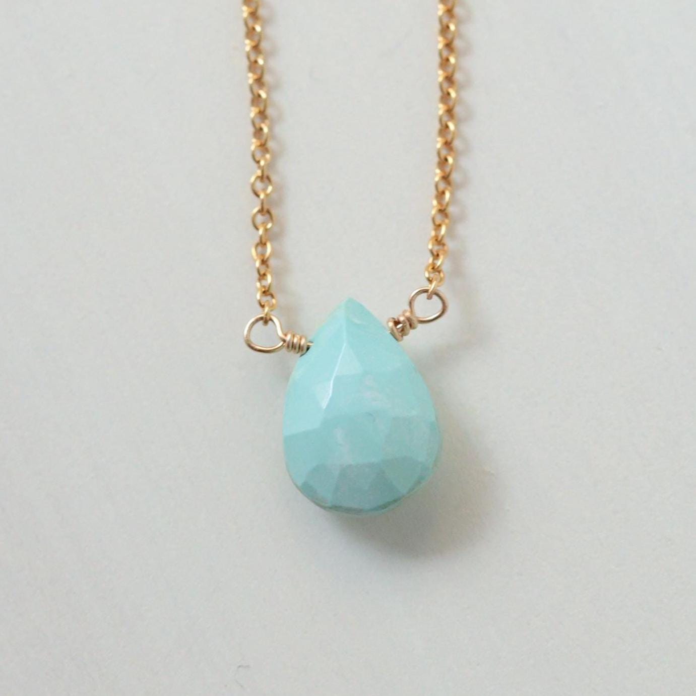 Turquoise Necklace, Gold Filled Wire Wrapped Pendant, Light Blue Gemstone Necklace, Teardrop Crystal Jewelry