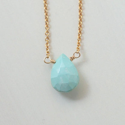 Turquoise Necklace, Gold Filled Wire Wrapped Pendant, Light Blue Gemstone Necklace, Teardrop Crystal Jewelry