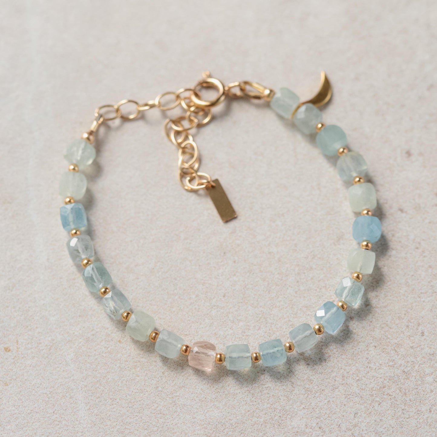 Morganite Bracelet Gold Filled, Beryl Gemstone Bracelet with Moon Charm, Pink Morganite Jewelry Adjustable 6.5-8", Dainty Gemstone Bracelet